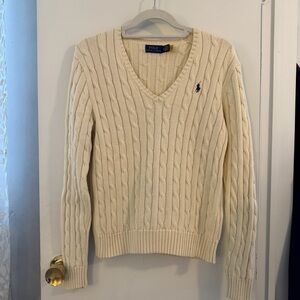 Polo Ralph Lauren Women's Cream V-Neck Cable Knit Sweater
